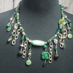 Bohemian Green Stone and Silver Chain Necklace